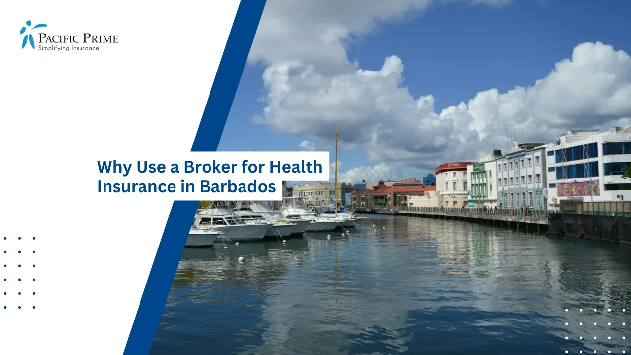 Image of Boat Docked Along The Independence River In Bridgetown Barbados with text overlay of "Why Use a Broker for Health Insurance in Barbados"