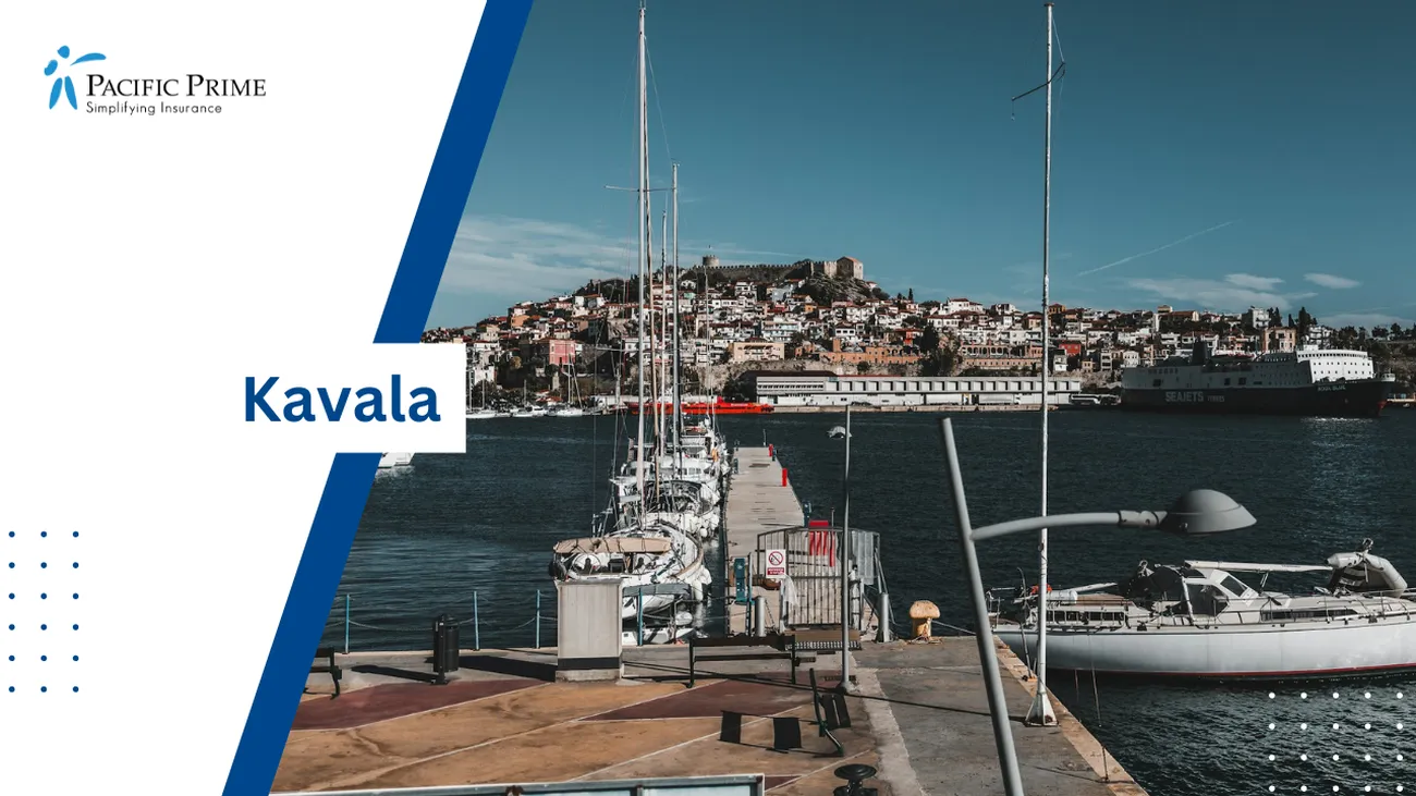 Image of Boat Docked In Harbor With City Backdrop In Kavala, Greece with text overlay of "Kavala"