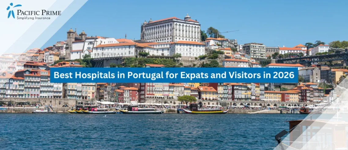 Image of Boat Drifting Along Porto’s Riverside With Historic Cityscape In View with text overlay of "Best Hospitals in Portugal for Expats and Visitors in 2026"