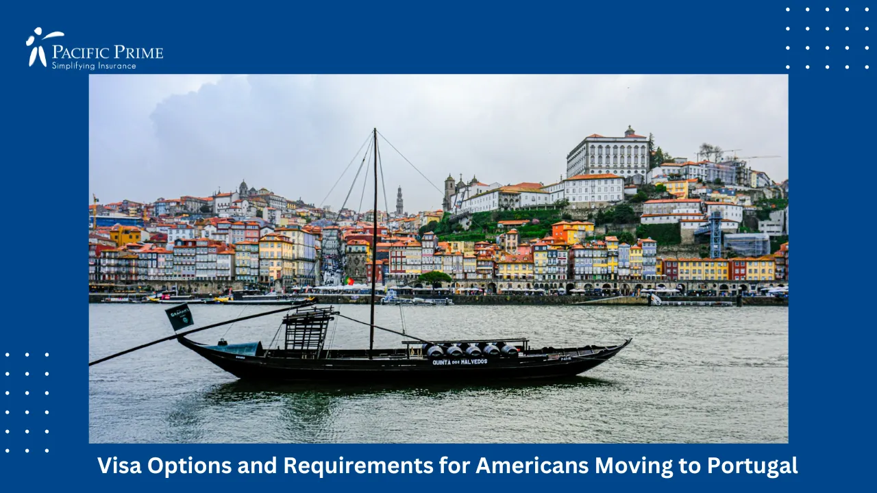Image of Boat Floating On Calm Water In Porto, Portugal with text overlay of "Visa Options and Requirements for Americans Moving to Portugal"