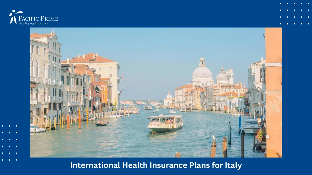 Image of Boat Floating Through A Scenic Canal In Venice, Italy with text overlay of "International Health Insurance Plans for Italy"