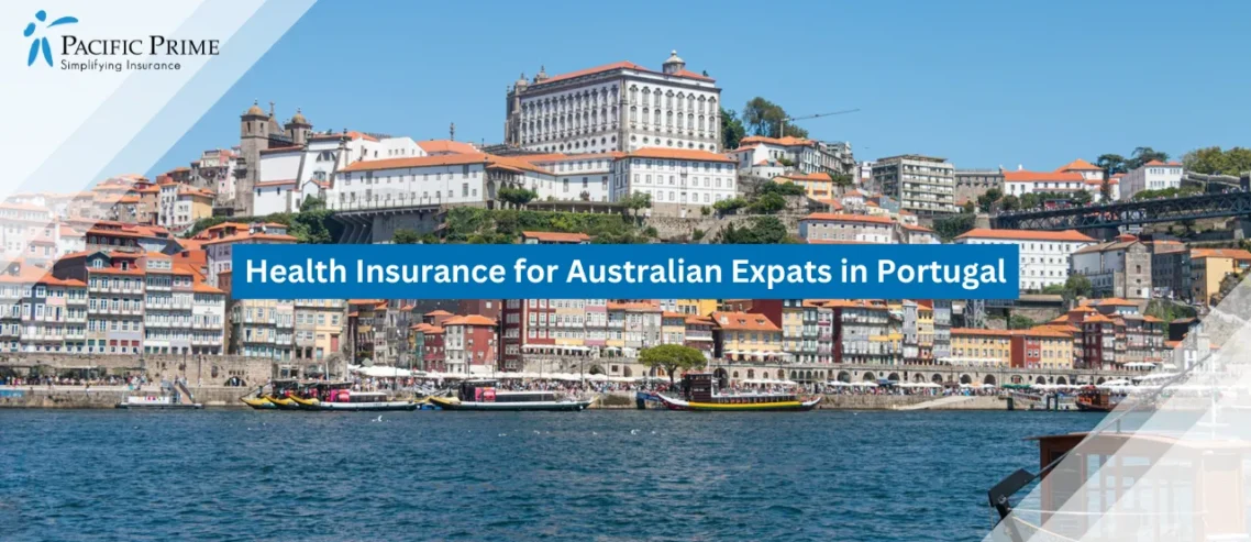 Image of Boat Gliding Along The Porto Waterfront With City Buildings In The Background with text overlay of "Health Insurance for Australian Expats in Portugal"