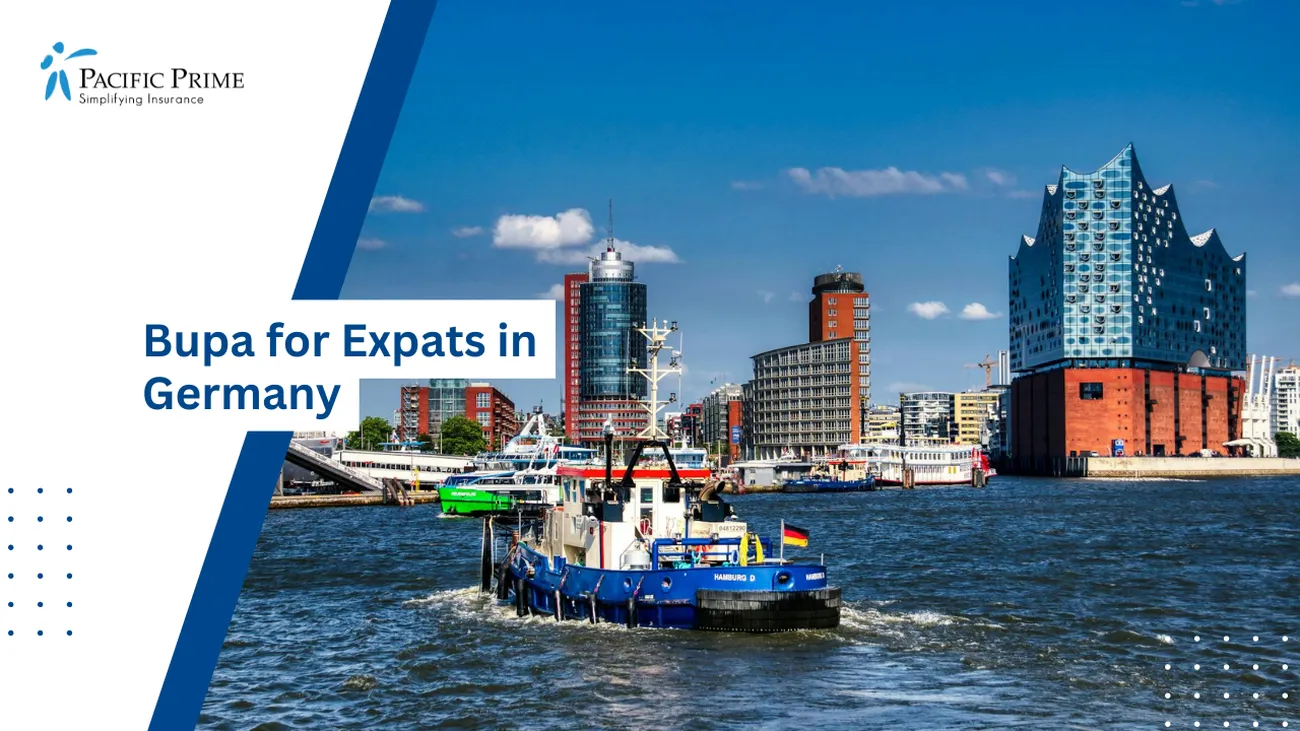 Image of Boat In The Harbor Of Hamburg, Germany with text overlay of "Bupa for Expats in Germany"