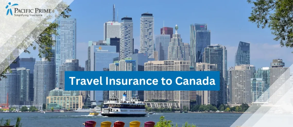 Image of Boat In The Water Near The City At Centre Island Park, Toronto with text overlay of "Travel Insurance to Canada"