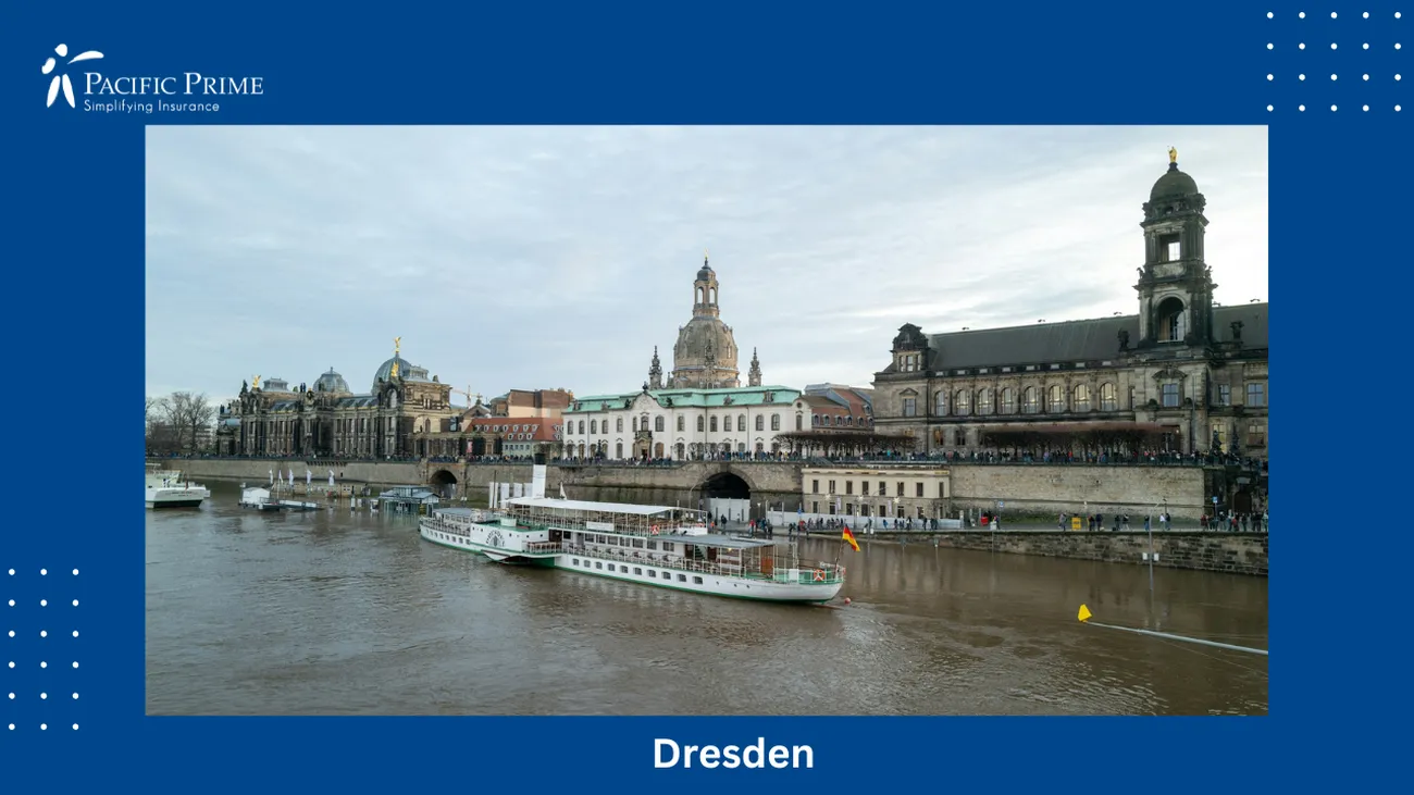 Image of Boat On River With City Skyline In Dresden, Germany with text overlay of "Dresden"