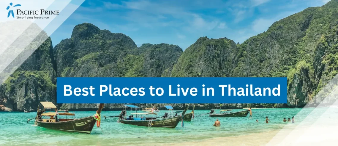 Image of Boat Ride Along Phi Phi Islands Beach Under A Sunny Sky In Krabi with text overlay of "Best Places to Live in Thailand"