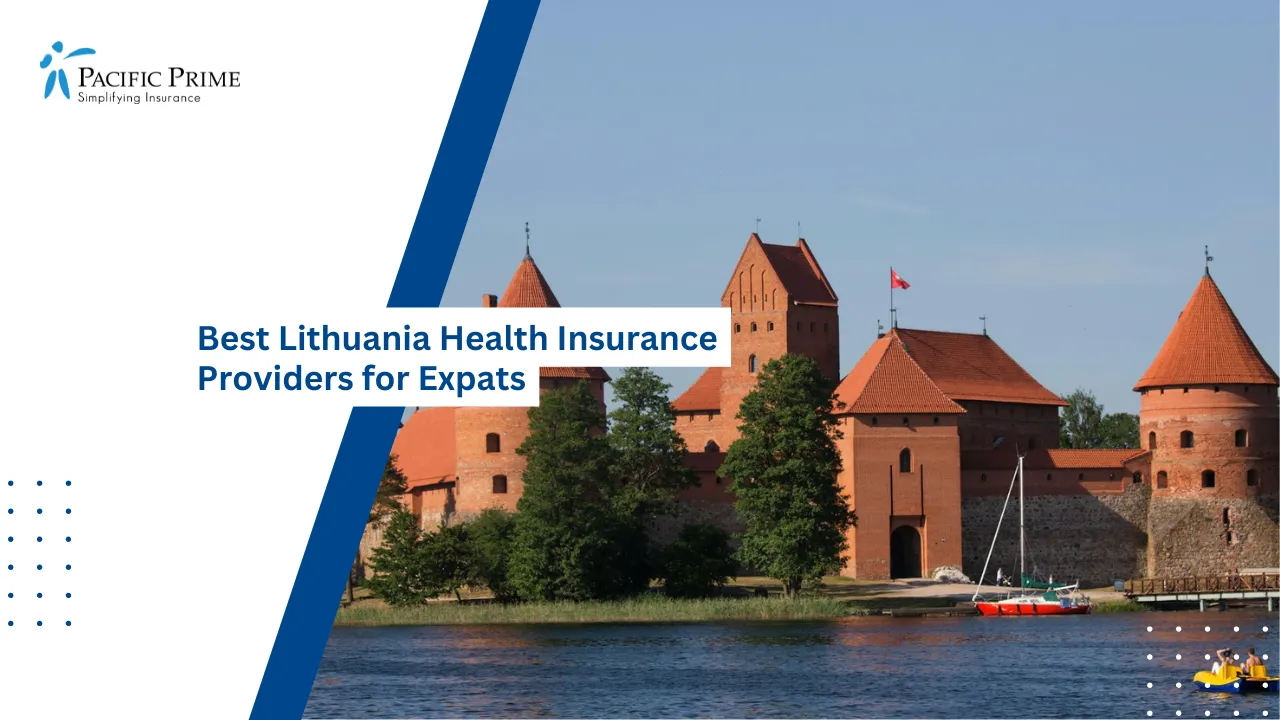 Image of Boat Sailing Near Trakai Island Castle On A Calm Lake In Lithuania with text overlay of "Best Lithuania Health Insurance Providers for Expats"