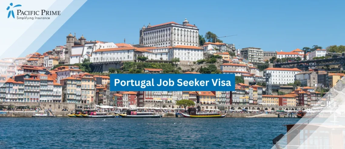 Image of Boat Sailing On River With Porto City Skyline In The Background with text overlay of "Portugal Job Seeker Visa"