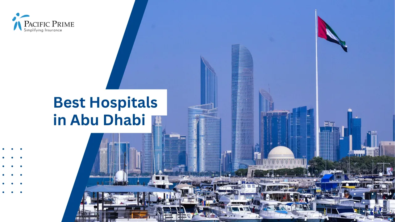 Image of Boats Anchored In Abu Dhabi Harbor With City Skyline with text overlay of "Best Hospitals in Abu Dhabi"