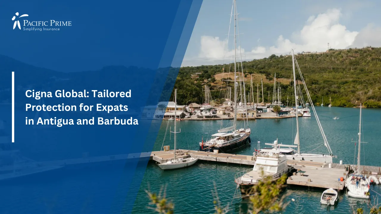 Image of Boats Anchored In Calm Waters At English Harbour, Antigua And Barbuda with text overlay of "Cigna Global: Tailored Protection for Expats in Antigua and Barbuda"