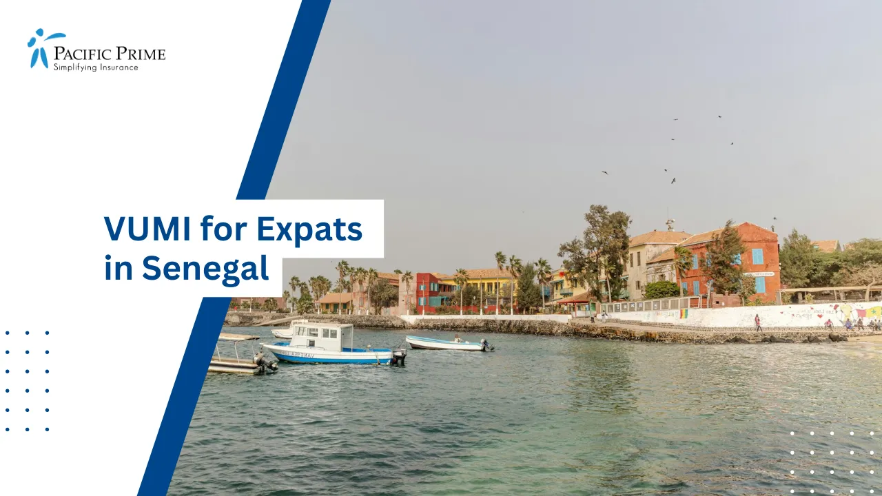 Image of Boats Anchored Near The Shore At Gorée Island, Dakar with text overlay of "VUMI for Expats in Senegal"