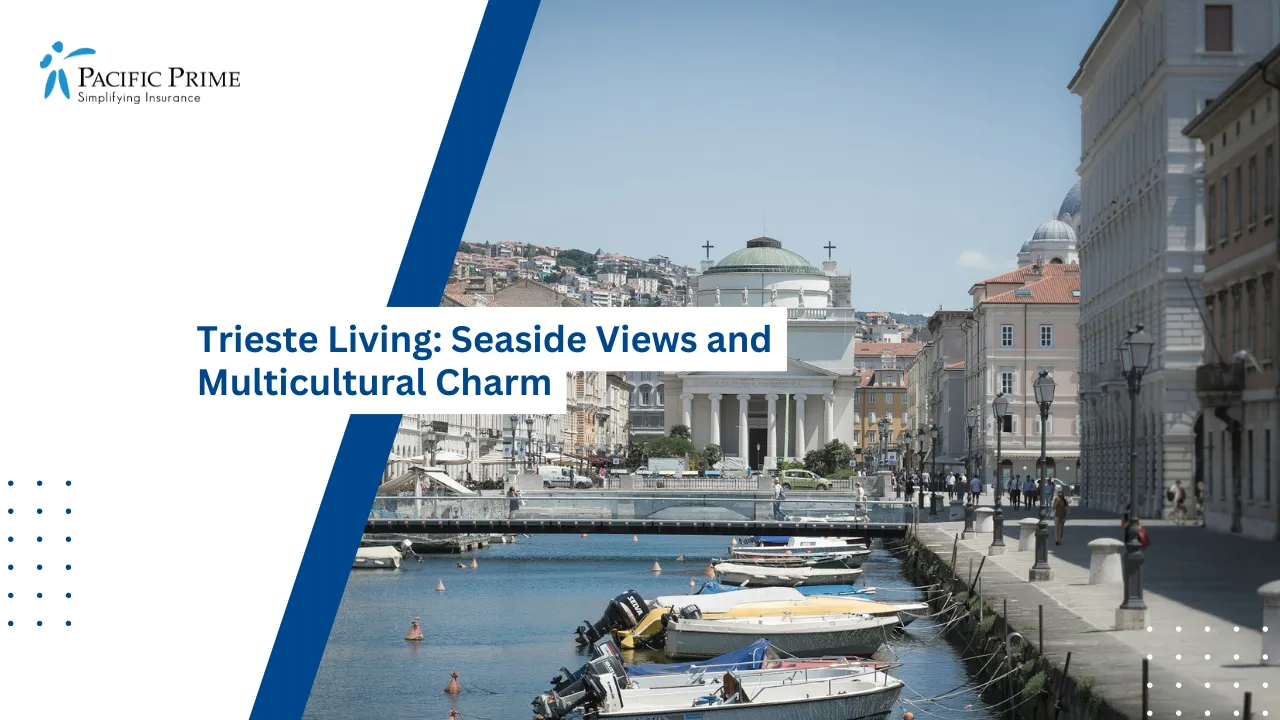 Image of Boats Docked Along The Harbor Promenade In Trieste, Italy with text overlay of "Trieste Living: Seaside Views and Multicultural Charm"