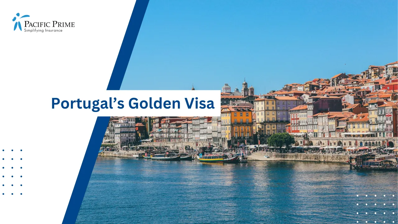 Image of Boats Floating Near Waterfront Homes In Porto, Portugal with text overlay of "Portugal’s Golden Visa"