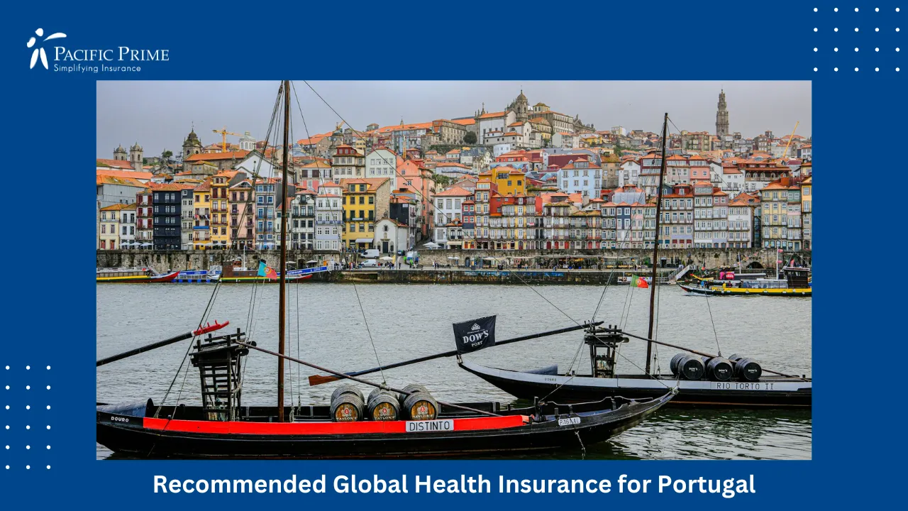 Image of Boats Floating On The River In Porto, Portugal with text overlay of "Recommended Global Health Insurance for Portugal"