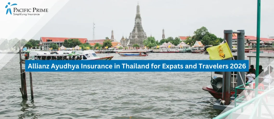Image of Boats Gliding Along Bangkok River Lined With Temples And City Buildings View with text overlay of "Allianz Ayudhya Insurance in Thailand for Expats and Travelers 2026"