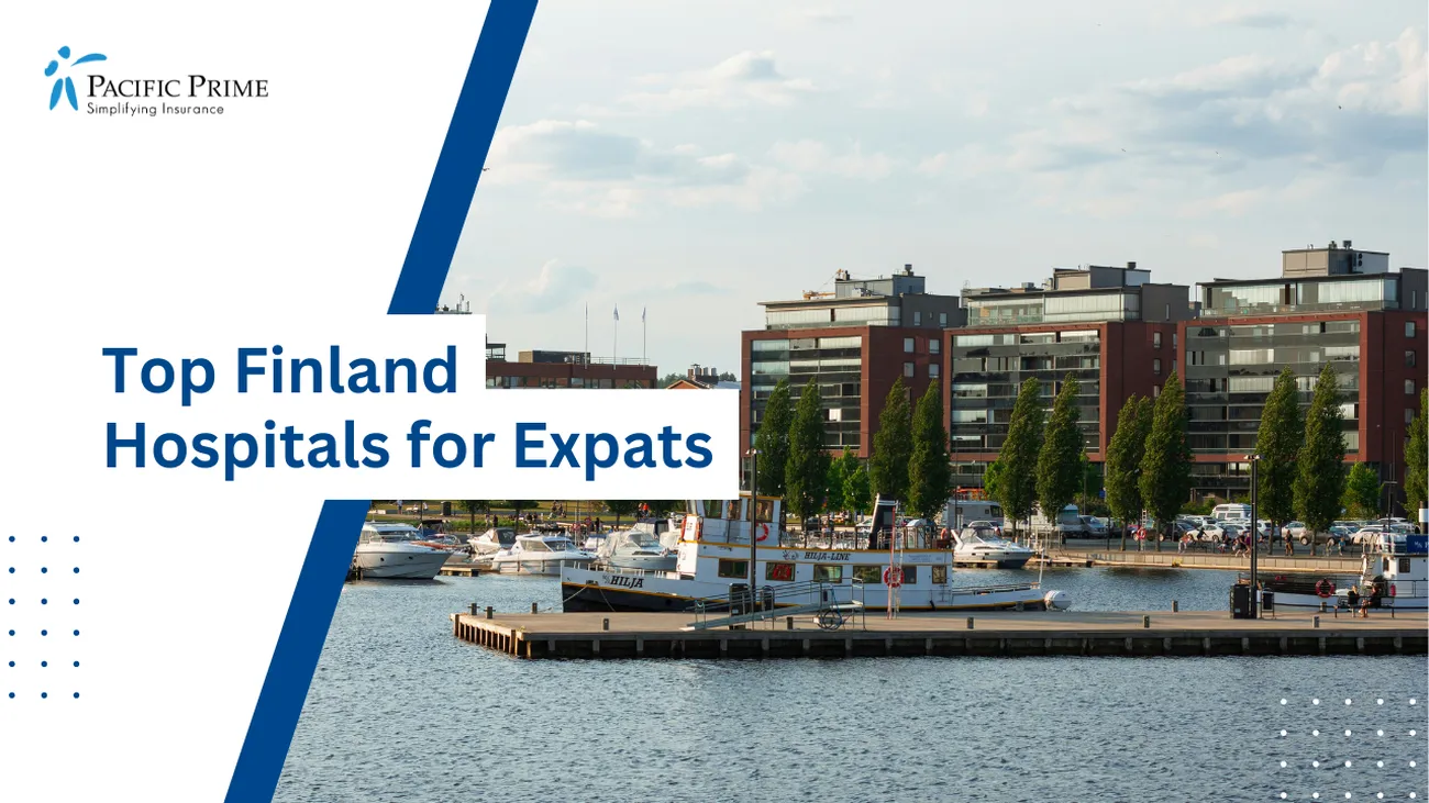 Image of Boats On A Body Of Water In Jyväskylä, Finland During Daytime with text overlay of "Top Finland Hospitals for Expats"