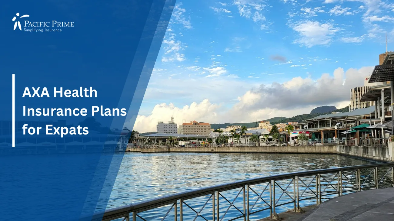 Image of Body Of Water With Buildings In The Background, Mauritius with text overlay of "AXA Health Insurance Plans for Expats"