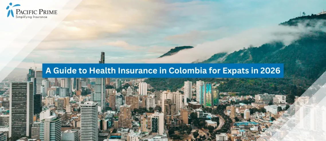 Image of Bogotá Skyline Set Against The Andean Mountains At Dusk with text overlay of "A Guide to Health Insurance in Colombia for Expats in 2026"
