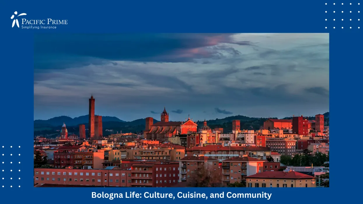 Image of Bologna Skyline With Medieval Towers Glowing During An Evening Sunset In Emilia-romagna with text overlay of "Bologna Life: Culture, Cuisine, and Community"