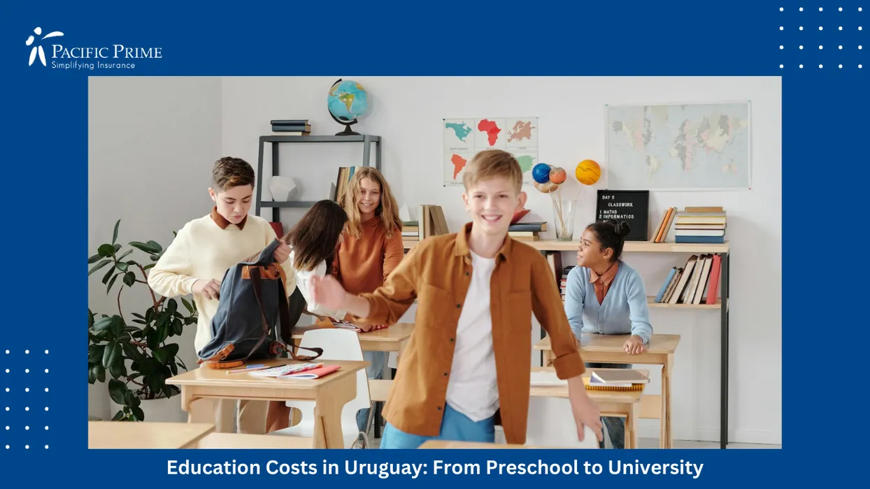 Image of Boys And Girls Learning Together In A Classroom Setting with text overlay of "Education Costs in Uruguay: From Preschool to University"