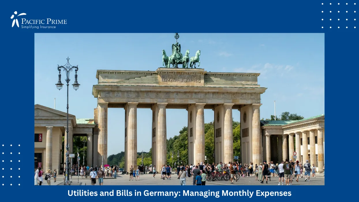 Image of Brandenburg Gate Bathed In Sunlight Under Clear Blue Skies In Berlin with text overlay of "Utilities and Bills in Germany: Managing Monthly Expenses"