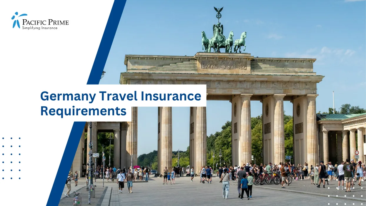 Image of Brandenburg Gate Under Bright Daylight In Central Berlin Square with text overlay of "Germany Travel Insurance Requirements"