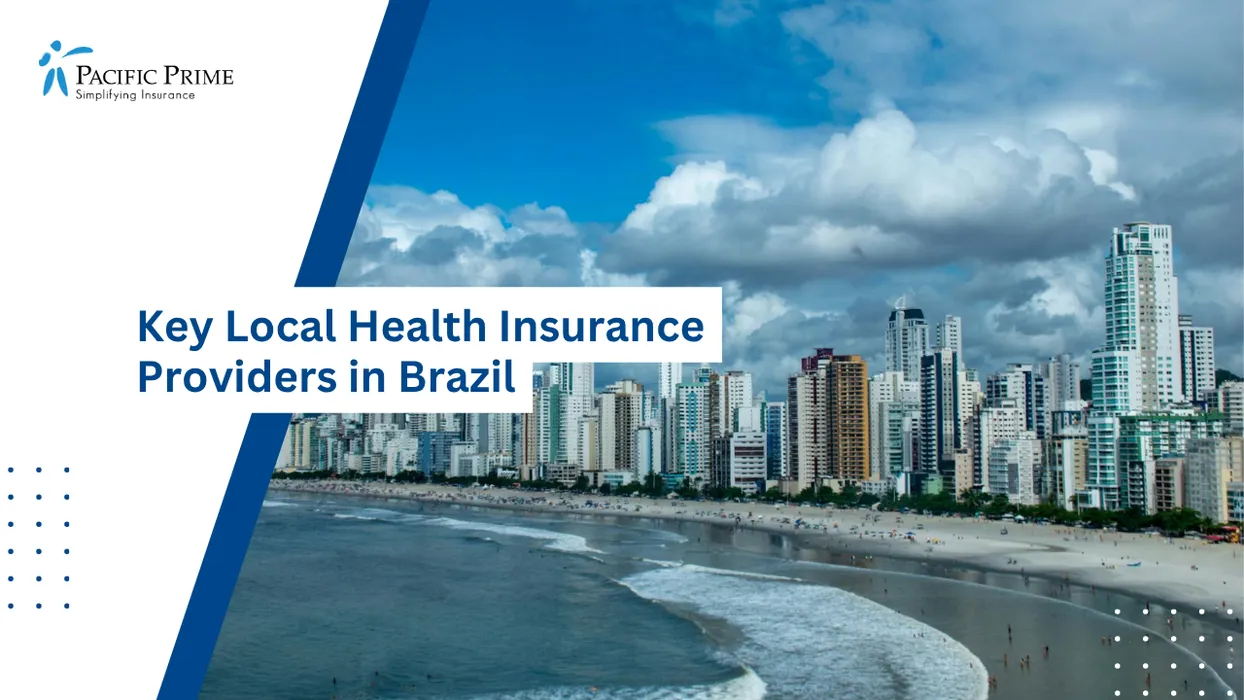 Image of Brazilian Coastal Skyline With High-rises Overlooking The Atlantic Shoreline with text overlay of "Key Local Health Insurance Providers in Brazil"
