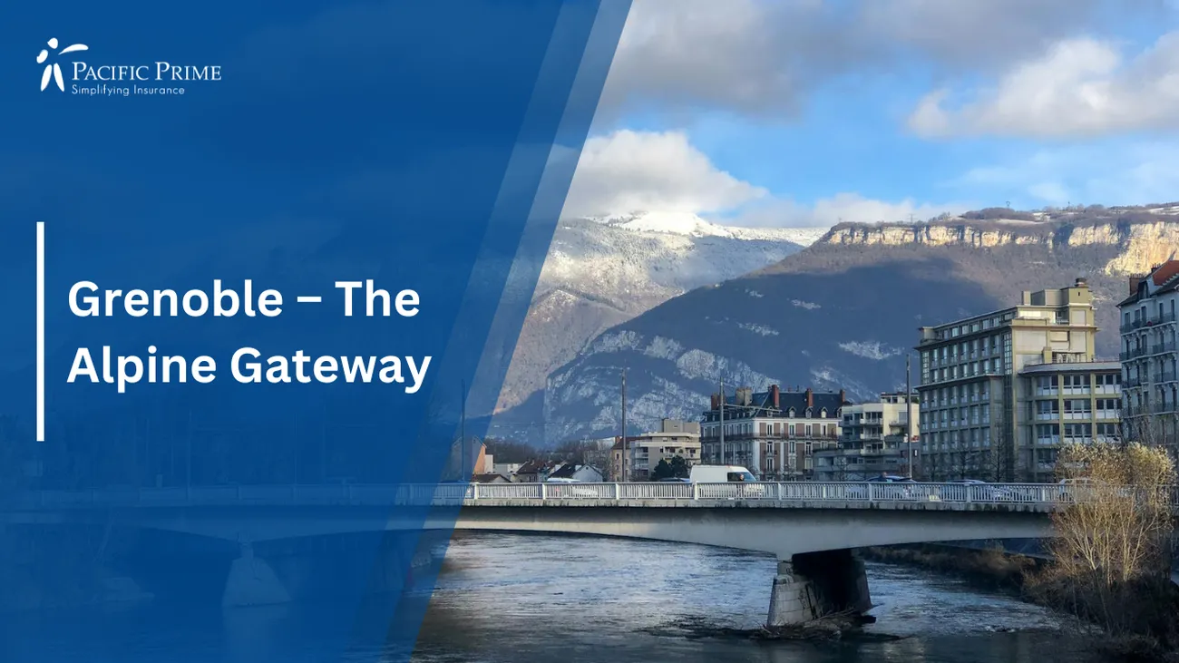 Image of Bridge Adjacent To Mountain Scenery In Grenoble, France with text overlay of "Grenoble – The Alpine Gateway"
