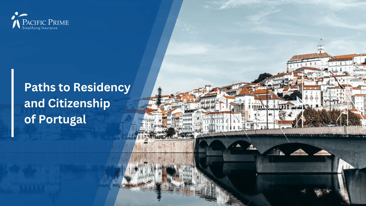 Image of Bridge Over River With City Buildings In The Background, Coimbra with text overlay of "Paths to Residency and Citizenship of Portugal"