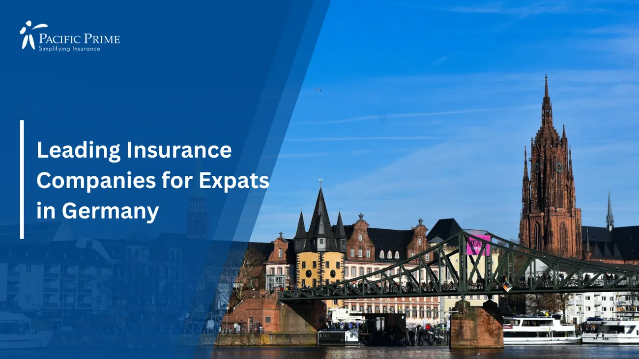 Image of Bridge Over Water With City Buildings In The Background, Frankfurt with text overlay of "Leading Insurance Companies for Expats in Germany"