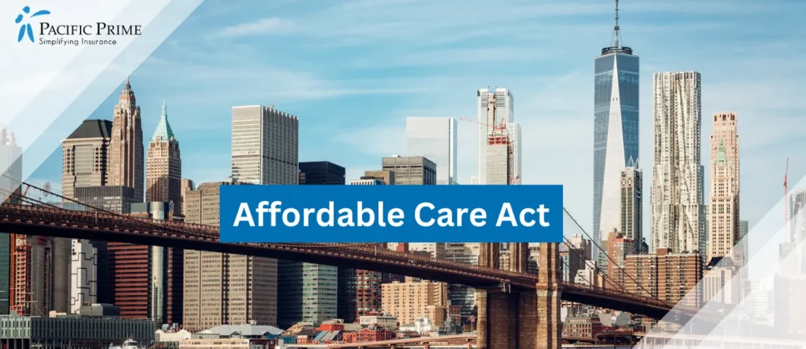 Image of Brooklyn Bridge In New York With City Skyline In The Background with text overlay of "Affordable Care Act"