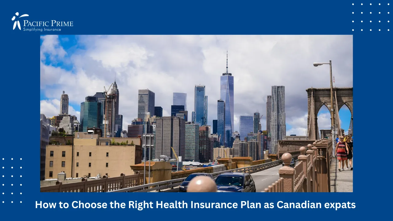 Image of Brooklyn Bridge Spanning The East River In New York City with text overlay of "How to Choose the Right Health Insurance Plan as Canadian expats"