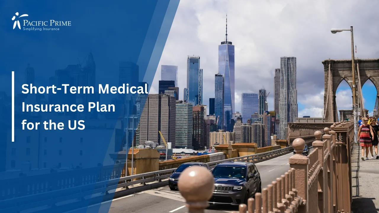 Image of Brooklyn Bridge With New York Skyline In Background with text overlay of "Short-Term Medical Insurance Plan for the US"