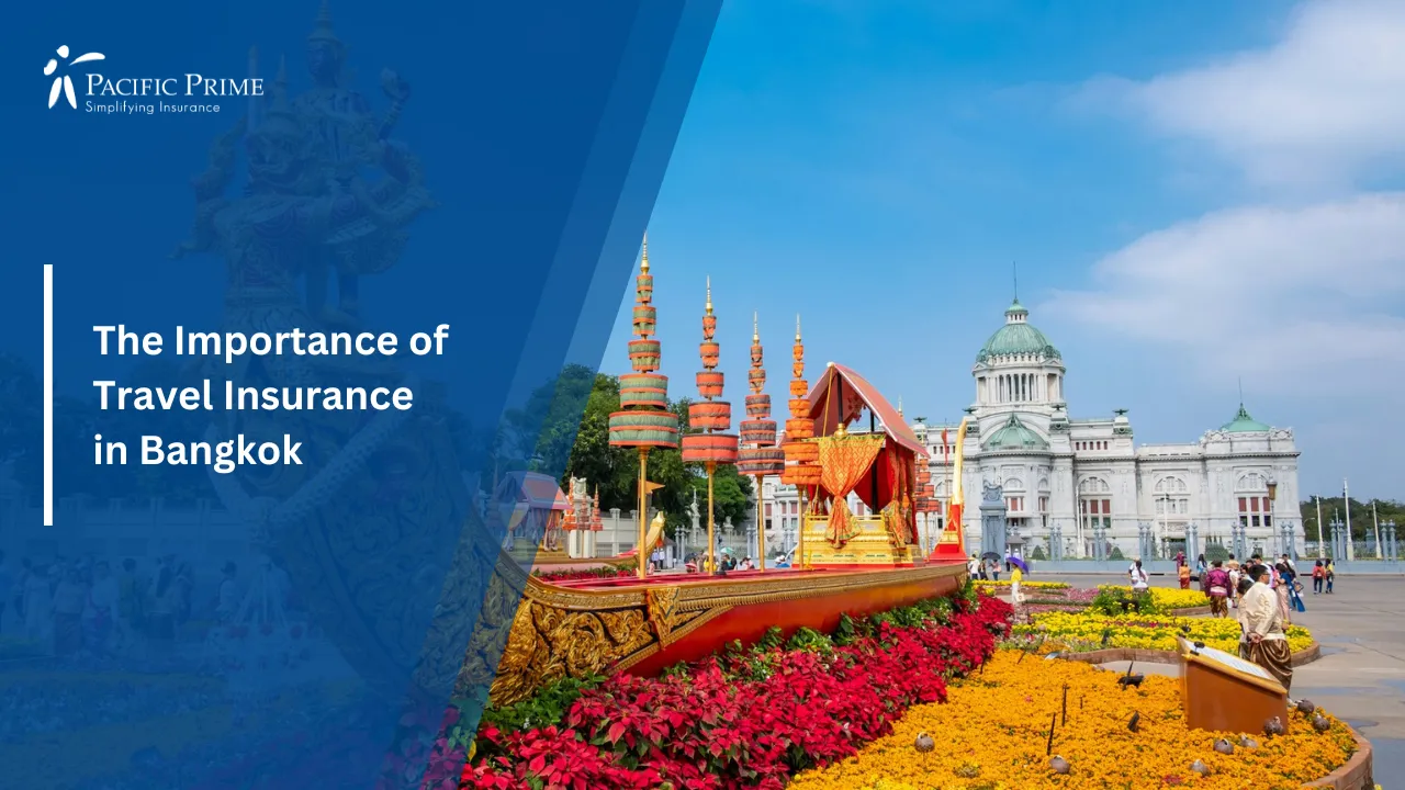 Image of Brown And Red Boat On Water With Bangkok City Backdrop with text overlay of "The Importance of Travel Insurance in Bangkok"