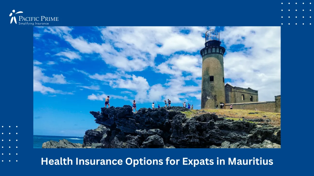 Image of Brown And White Lighthouse On Rocky Hill With Cloudy Sky, Île Aux Fouquets, Mauritius with text overlay of "Health Insurance Options for Expats in Mauritius"