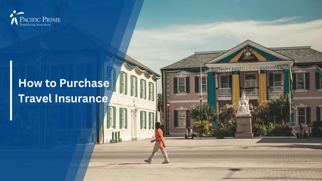 Image of Brown And Yellow Building In The Bahamas with text overlay of "How to Purchase Travel Insurance"