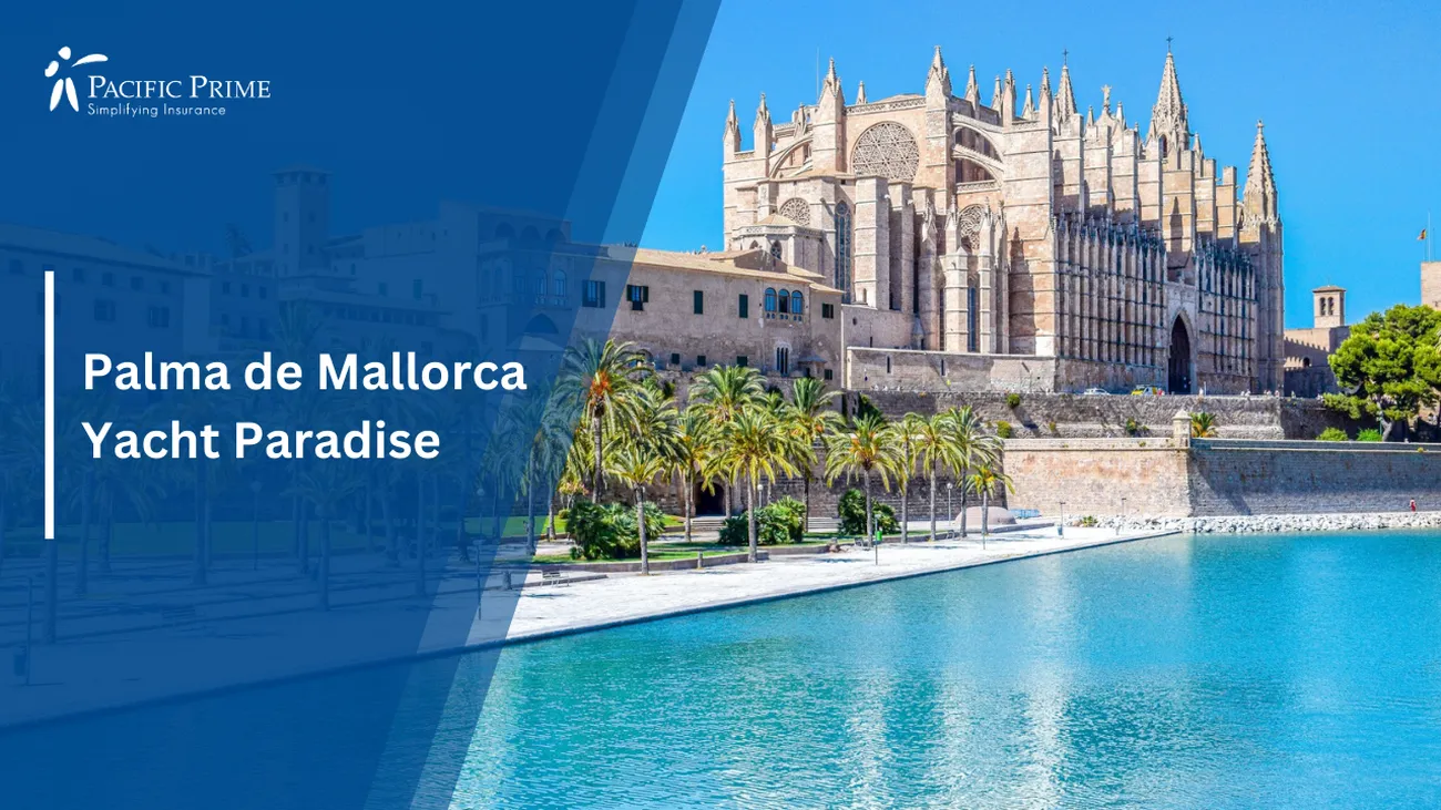 Image of Brown Concrete Building By Water In Palma De Mallorca with text overlay of "Palma de Mallorca - Yacht Paradise"