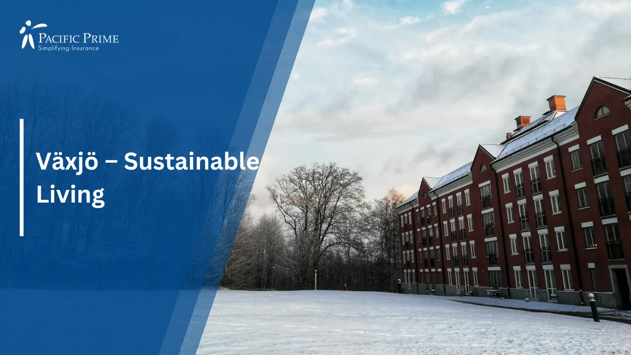 Image of Brown Concrete Building With Bare Trees Under Blue Sky In Växjö, Sweden with text overlay of "Växjö – Sustainable Living"