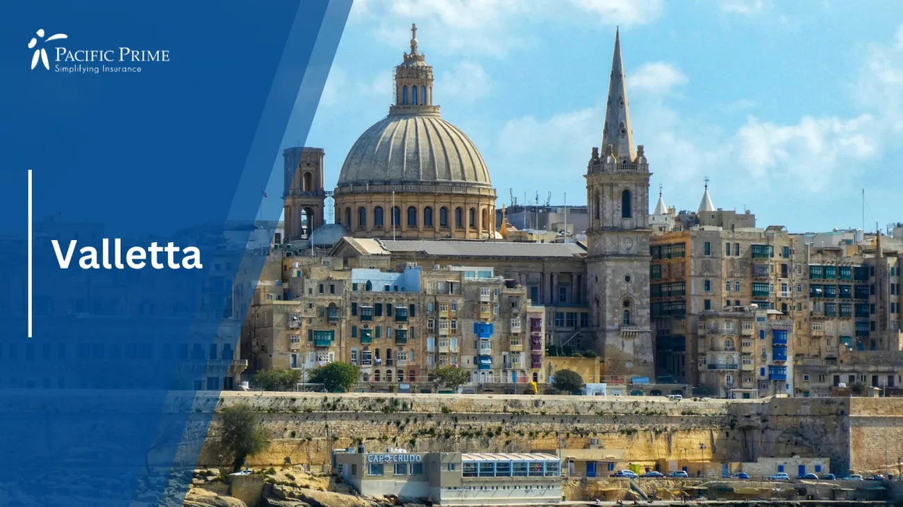 Image of Brown Dome Building In Valletta By Mediterranean Water At Dusk with text overlay of "Valletta"