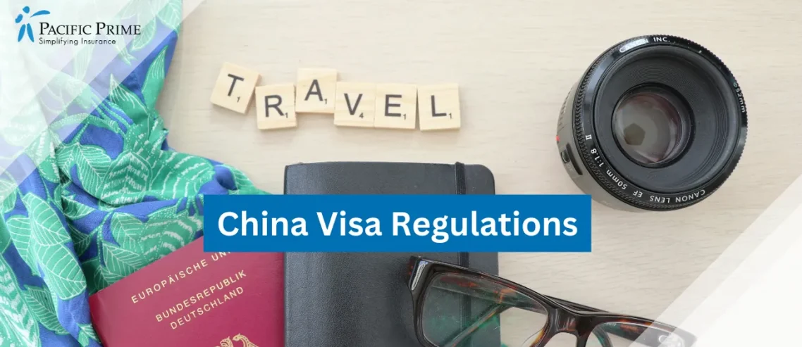 Image of Brown-Framed Eyeglasses With A Passport with text overlay of "China Visa Regulations"
