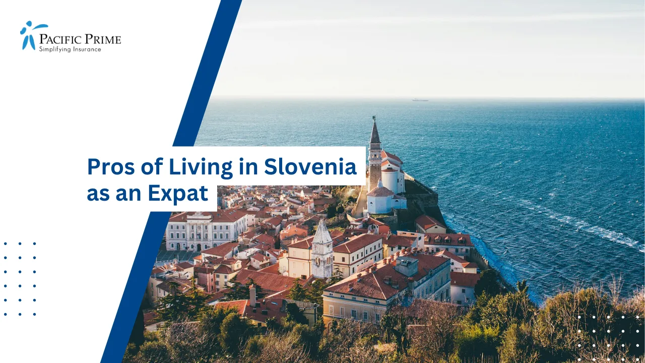 Image of Brown-roofed Coastal Buildings By The Adriatic Sea In Piran, Slovenia with text overlay of "Pros of Living in Slovenia as an Expat"