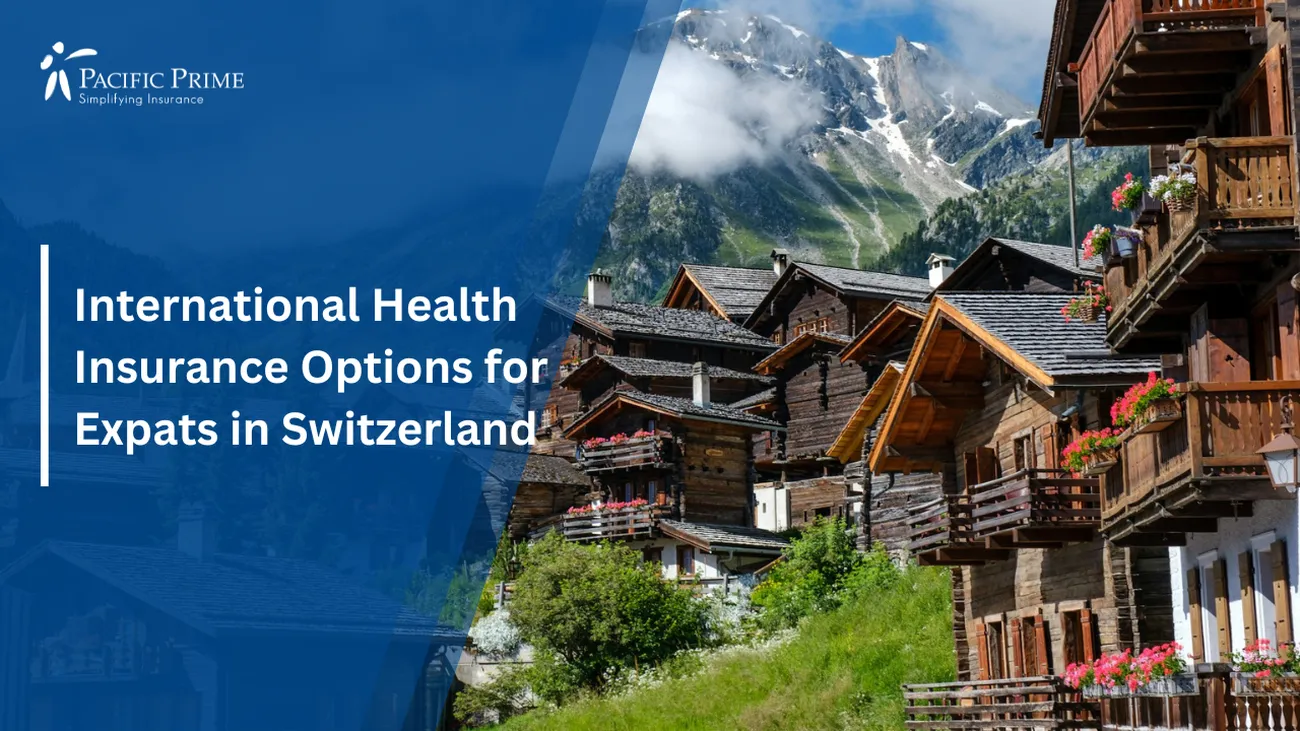 Image of Brown Wooden Houses By Green Trees And Mountains Under Cloudy Sky with text overlay of "International Health Insurance Options for Expats in Switzerland"
