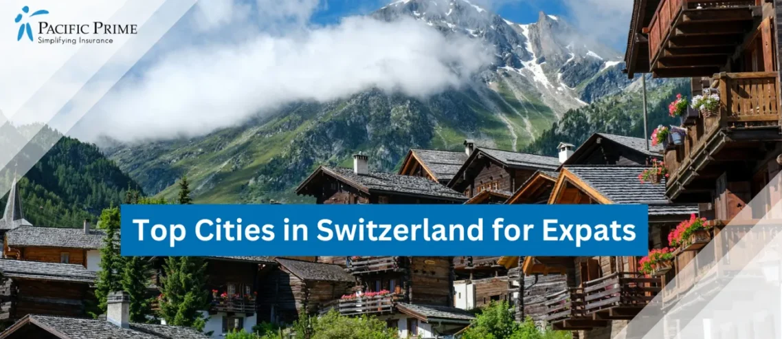 Image of Brown Wooden Houses Near Green Trees And Mountain Under White Clouds with text overlay of "Top Cities in Switzerland for Expats"