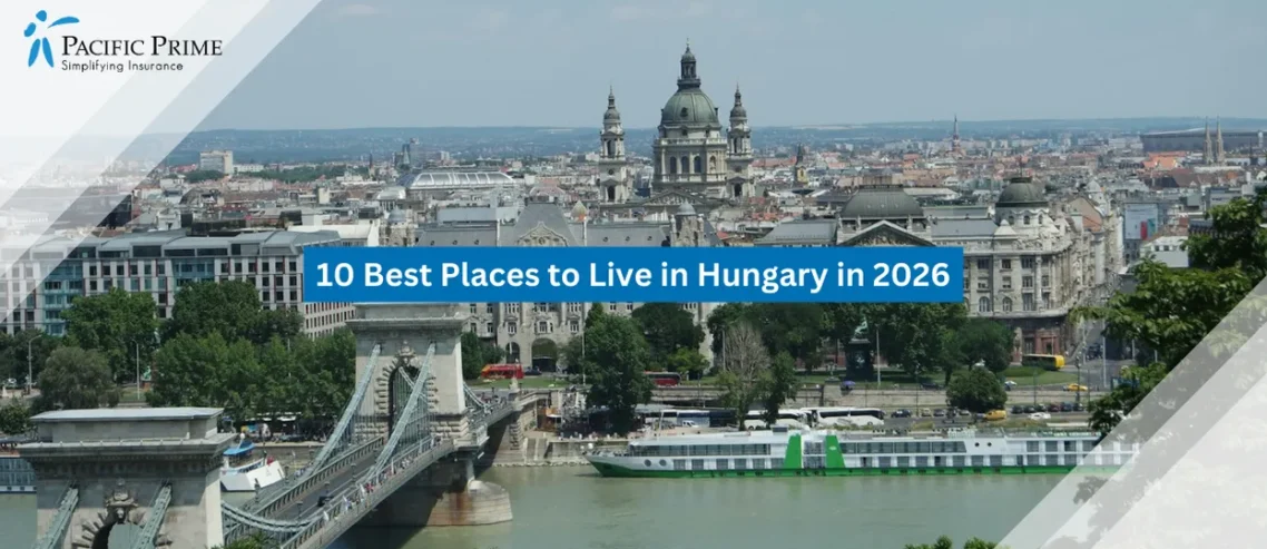 Image of Budapest Riverside Scene With White Bridge Spanning The Danube Beside Historic Buildings with text overlay of "10 Best Places to Live in Hungary in 2026"