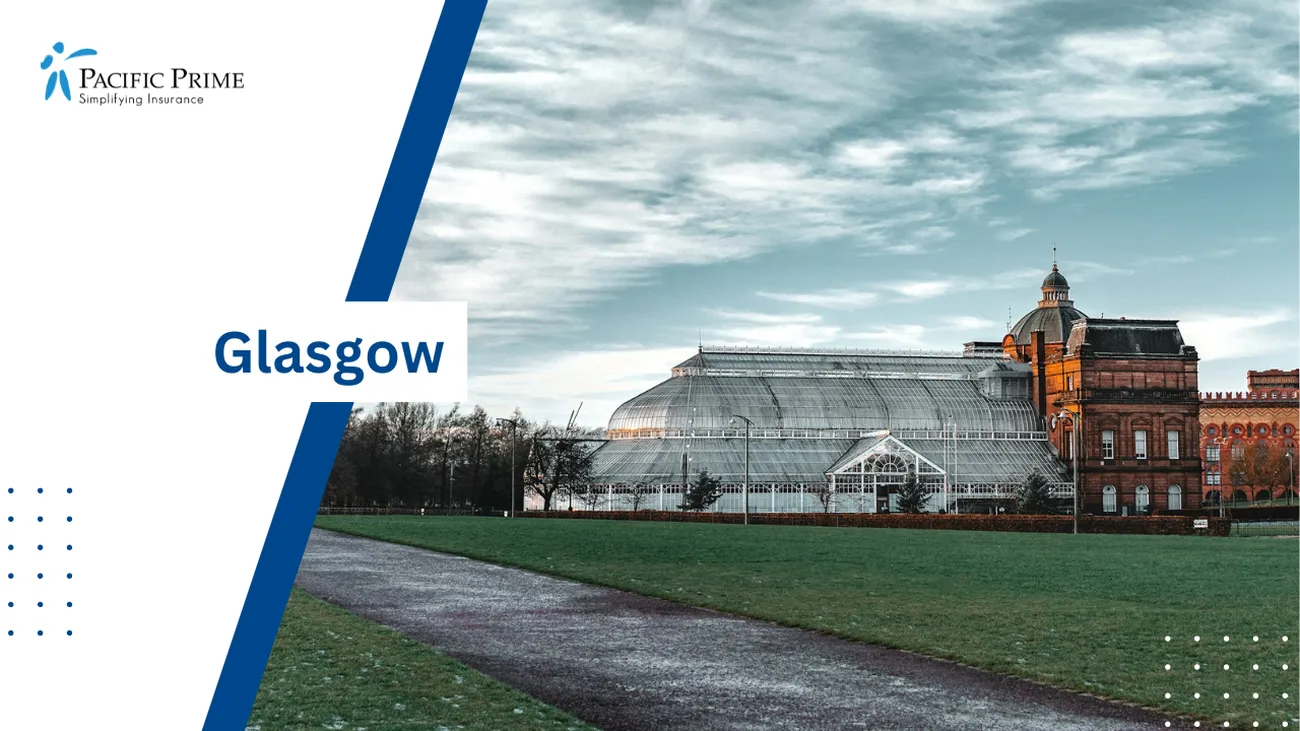 Image of Building In Glasgow With White And Brown Tones Under Cloudy Skies with text overlay of "Glasgow"