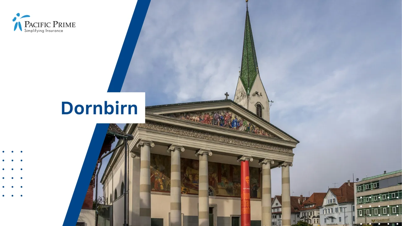 Image of Building With Tall Steeple In Dornbirn, Austria with text overlay of "Dornbirn"