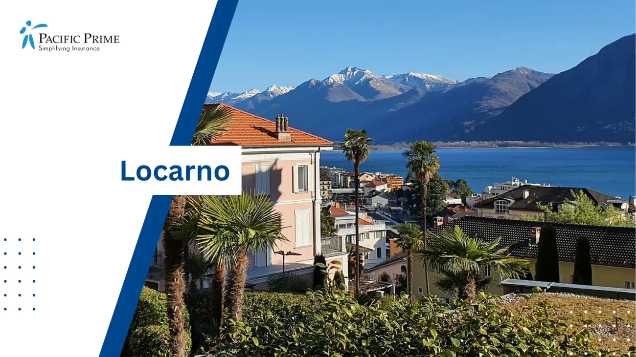 Image of Building With Trees And Water Backdrop In Locarno, Switzerland with text overlay of "Locarno"