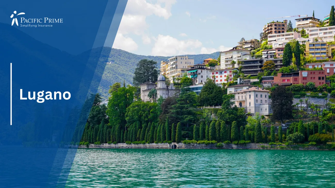Image of Buildings And Trees Along Lugano's Waterfront In Switzerland with text overlay of "Lugano"