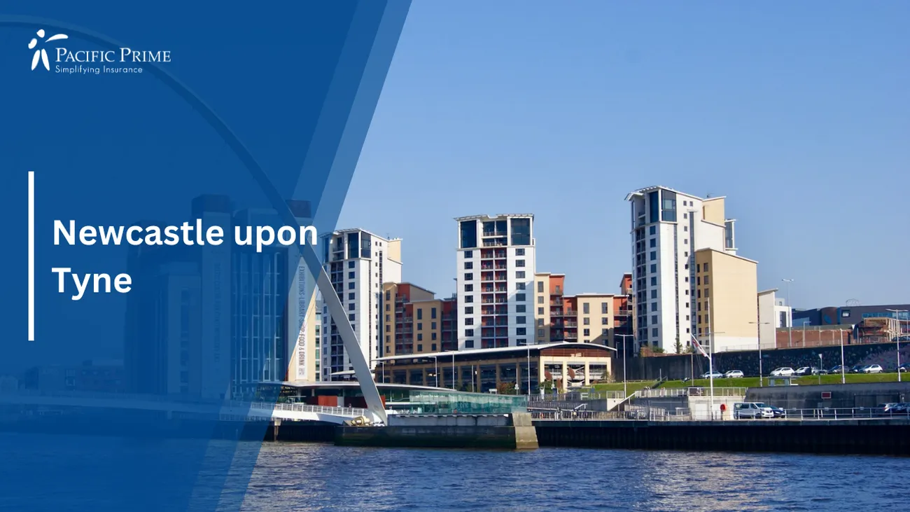 Image of Buildings Near Water In Newcastle Upon Tyne, UK with text overlay of "Newcastle upon Tyne"