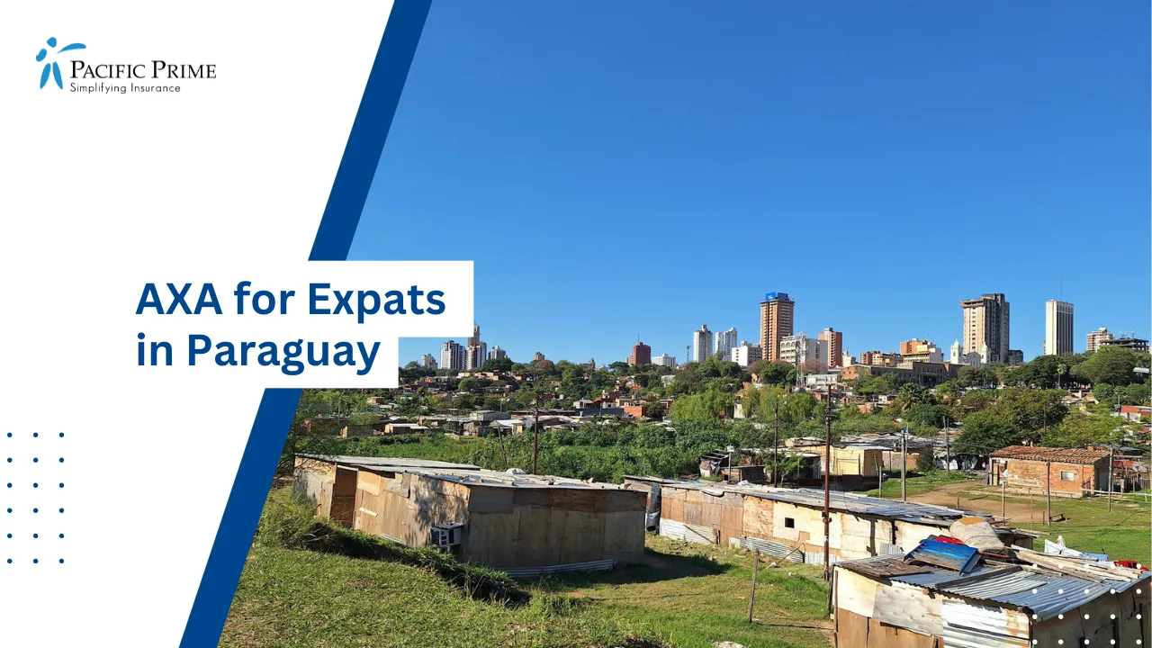 Image of Buildings Overlooking A Green Field In Doctor Ricardo Brugada, Asunción with text overlay of "AXA for Expats in Paraguay"